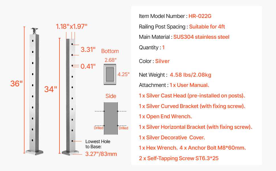 Stainless Steel Cable Railing Corner Post with Pre-Drilled L Holes-Type A / spain