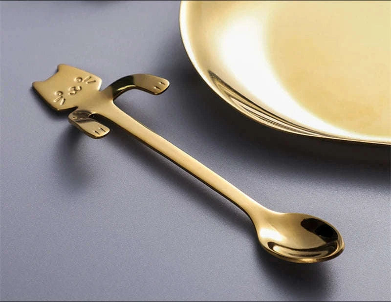Stainless Steel Coffee Spoon Lovely Cute Cat Shape Teaspoon Dessert Snack Scoop Ice Cream Mini Spoons Tableware Kitchen Tools-Gold