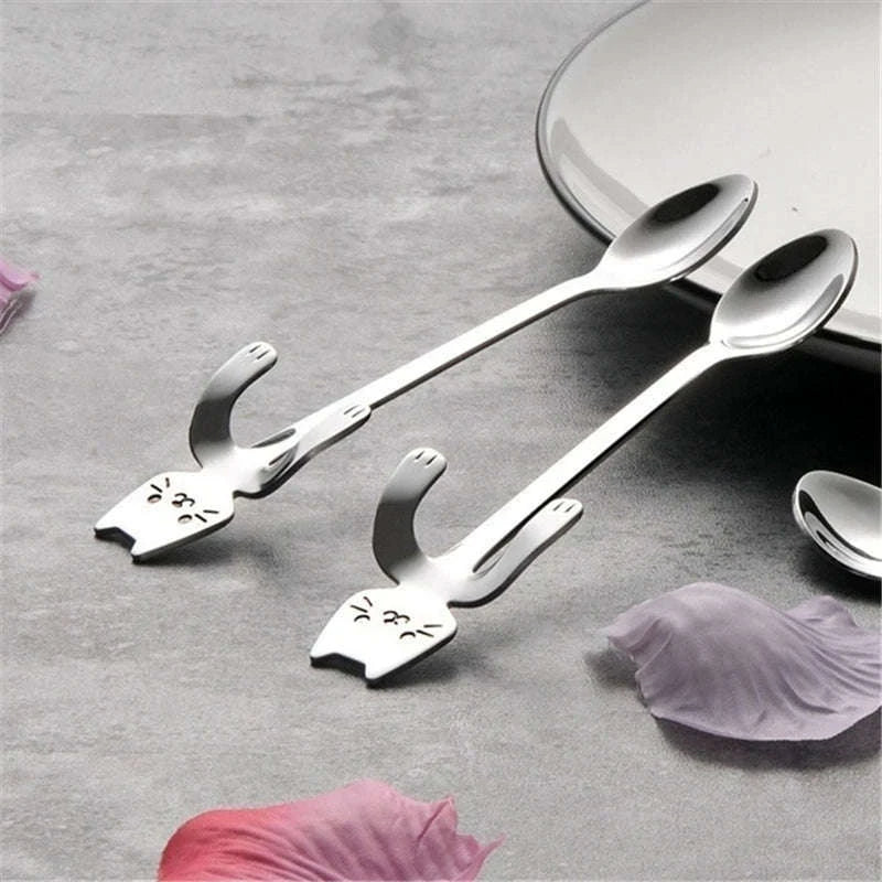Stainless Steel Coffee Spoon Lovely Cute Cat Shape Teaspoon Dessert Snack Scoop Ice Cream Mini Spoons Tableware Kitchen Tools-Gold