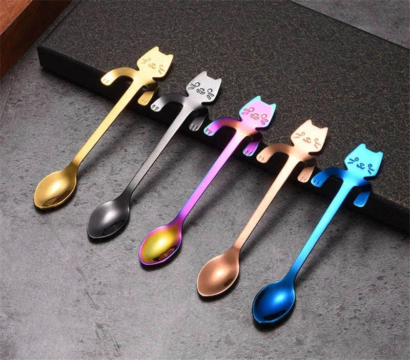 Stainless Steel Coffee Spoon Lovely Cute Cat Shape Teaspoon Dessert Snack Scoop Ice Cream Mini Spoons Tableware Kitchen Tools-Gold