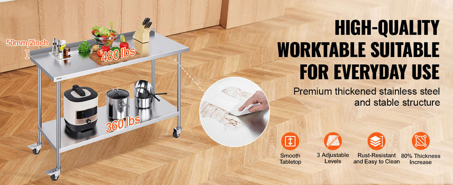 Stainless Steel Commercial Food Prep Work Table with Casters-24 x 60 in / CZECH REPUBLIC