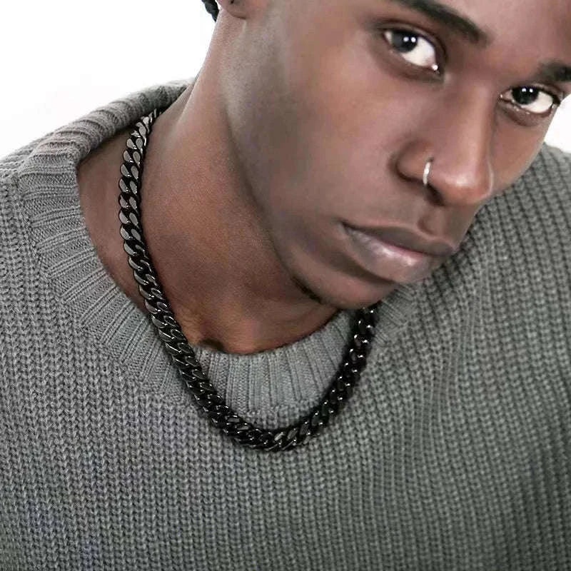 Stainless Steel Cuban Link Necklace in 3mm to 7mm-Black / 60cm / 5mm