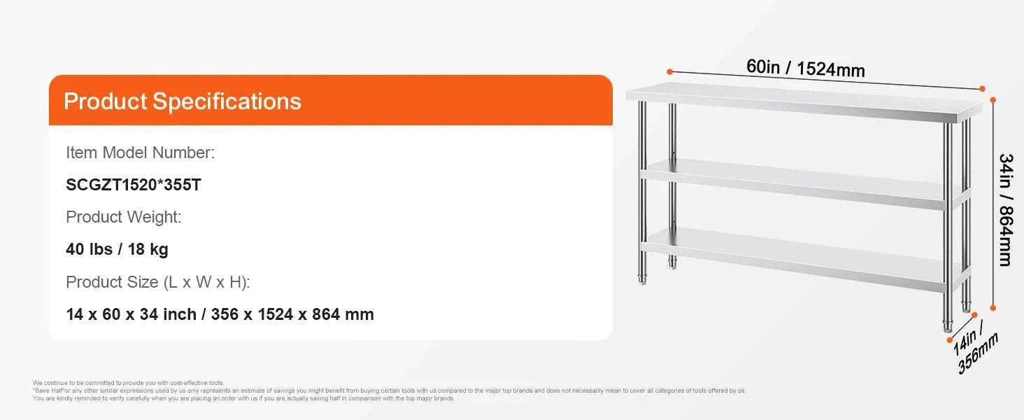 Stainless Steel Food Prep Table with Adjustable Shelves for Kitchen-14x24inch / United States