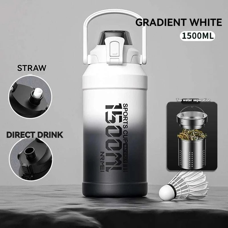 Stainless Steel Insulated Water Bottle with Straw and Handle-1500ML BLACK GRAY / 2.0L