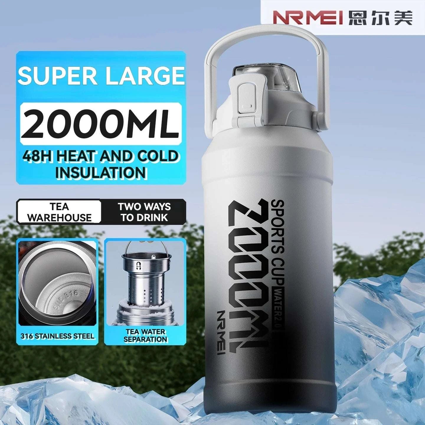 Stainless Steel Insulated Water Bottle with Straw and Handle-1500ML BLACK GRAY / 2.0L