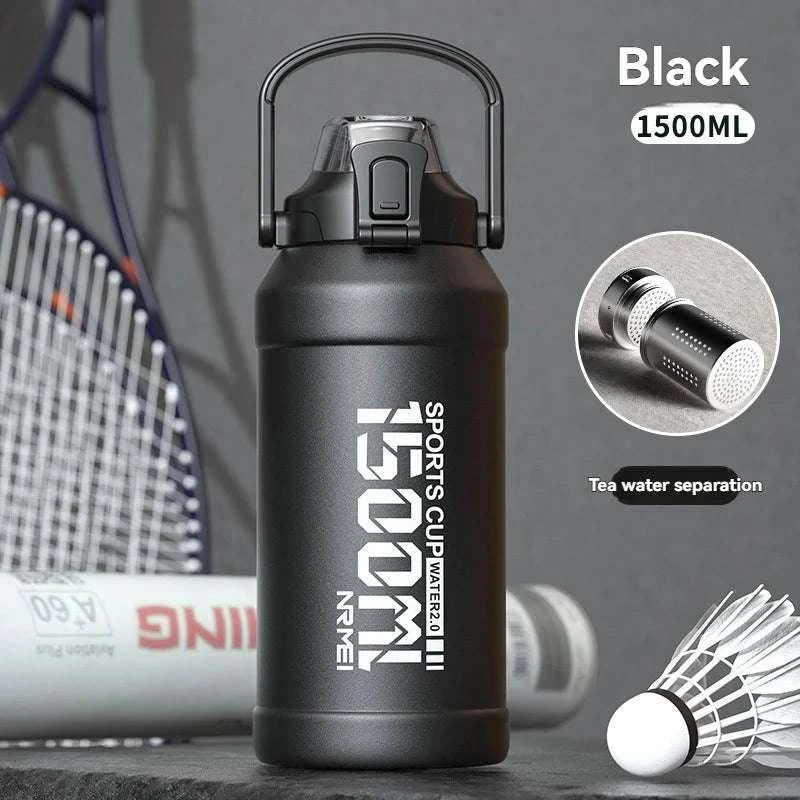 Stainless Steel Insulated Water Bottle with Straw and Handle-1500ML BLACK GRAY / 2.0L