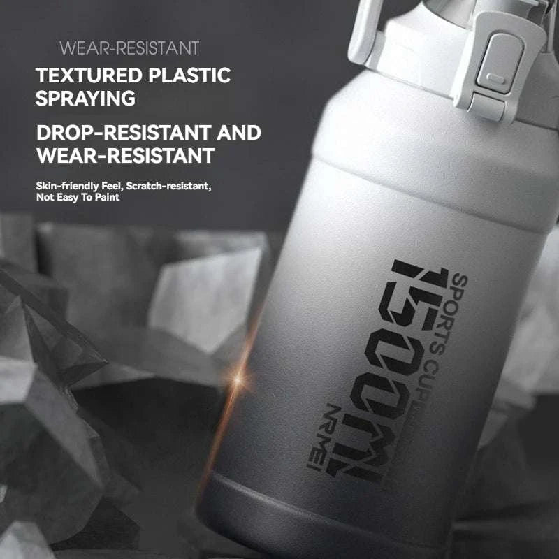Stainless Steel Insulated Water Bottle with Straw and Handle-1500ML BLACK GRAY / 2.0L