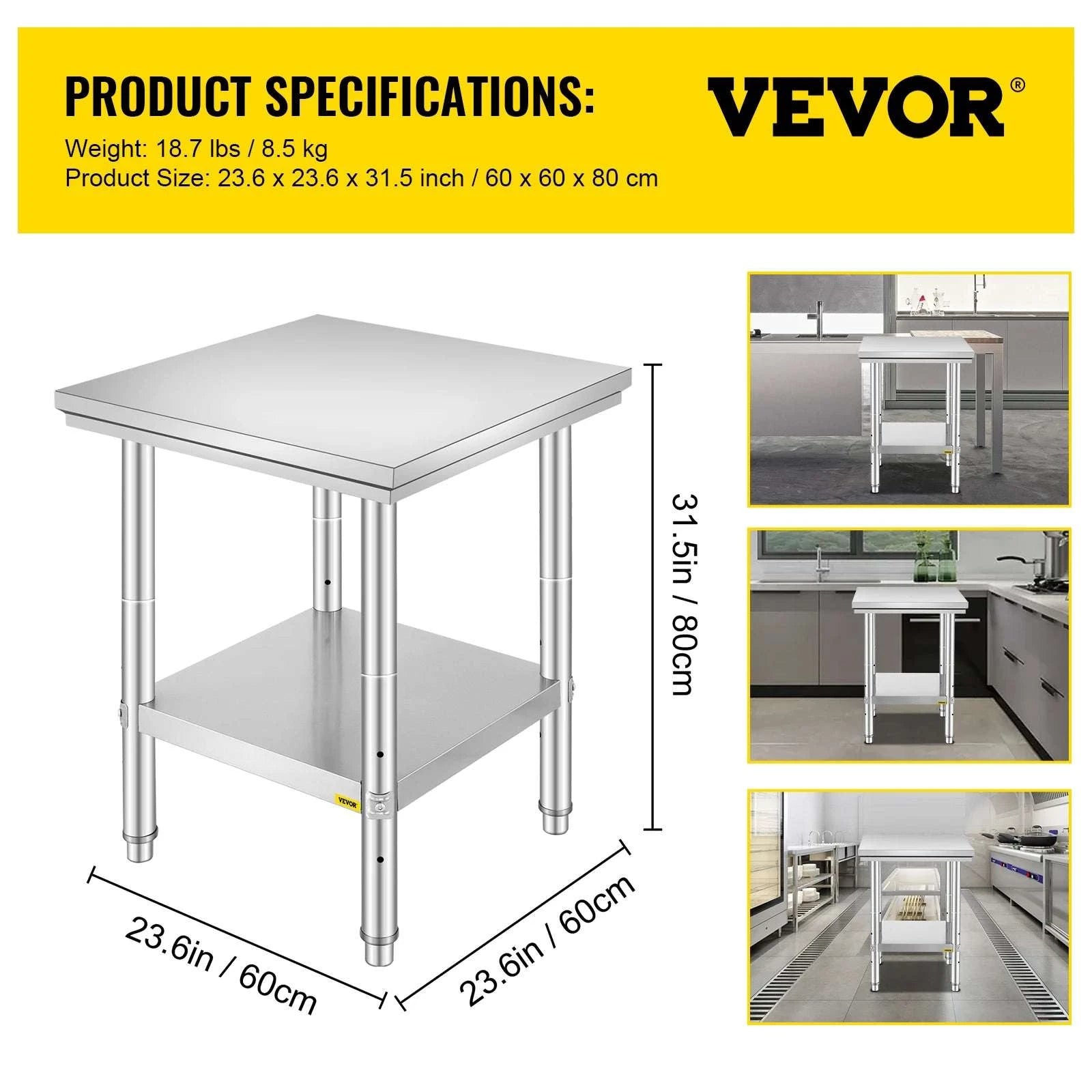 Stainless Steel Kitchen Prep Table with Undershelf, 286–330 lb Capacity-24x24x32 inch 330LBS / spain