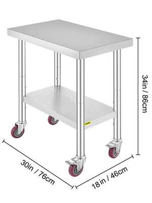 Stainless Steel Kitchen Prep Table with Wheels & Adjustable Shelf-36 x 30 inch / United States