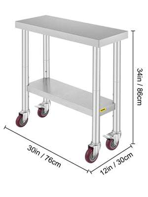 Stainless Steel Kitchen Prep Table with Wheels & Adjustable Shelf-36 x 30 inch / United States
