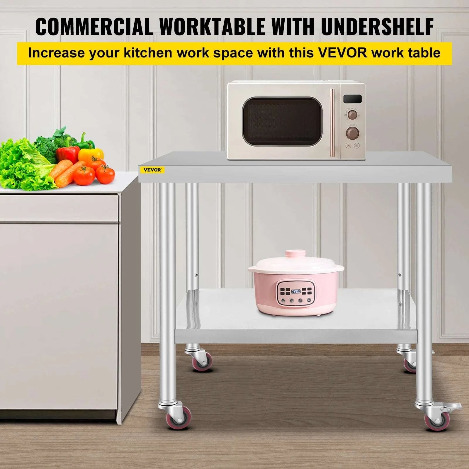 Stainless Steel Kitchen Prep Table with Wheels & Adjustable Shelf-