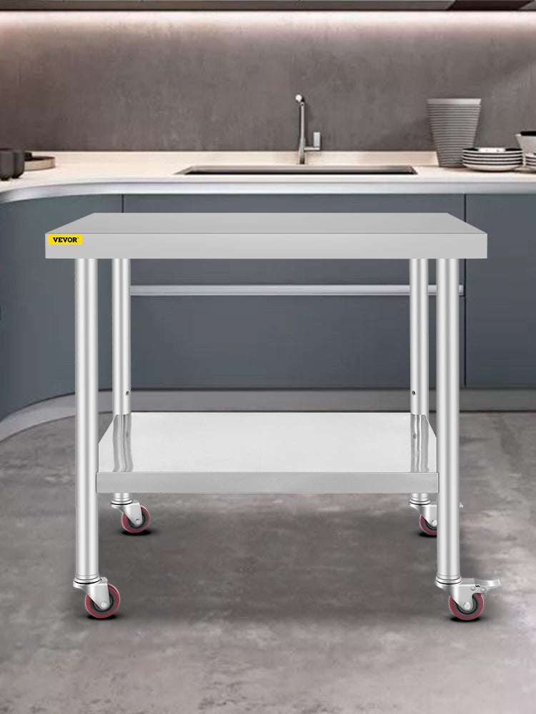 Stainless Steel Kitchen Prep Table with Wheels & Adjustable Shelf-