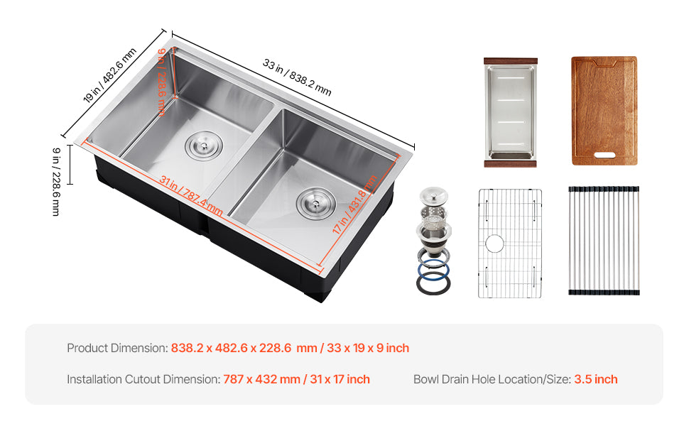 Sóclean Buy 33 polegada pia de cozinha estação de trabalho 304 aço inoxidável montada por baixo de bancada cuba dupla estilo farmhouse para cozinha de trailer/van eRV