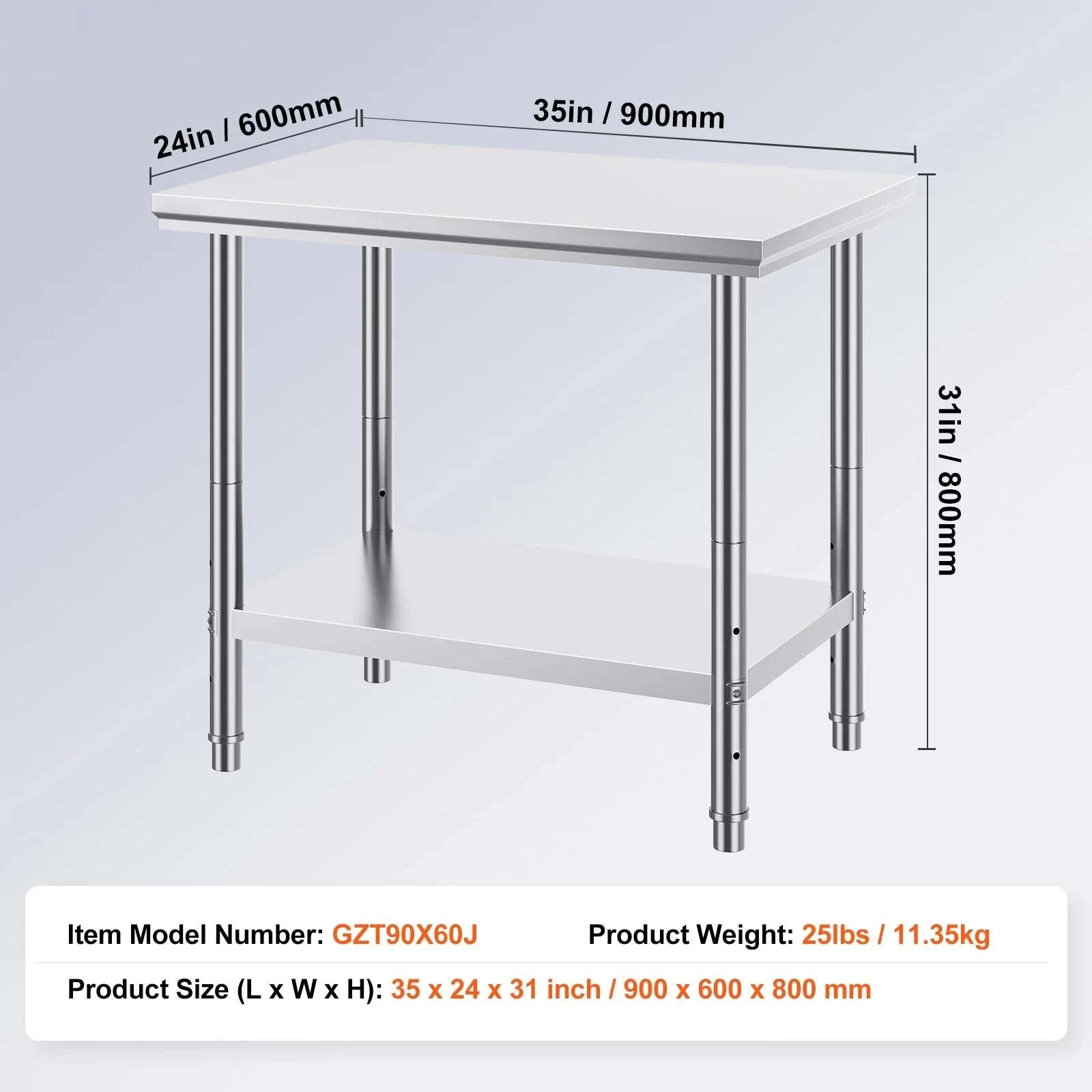Stainless Steel Kitchen Work Table with Adjustable Shelf-30x24x32 inch / United States