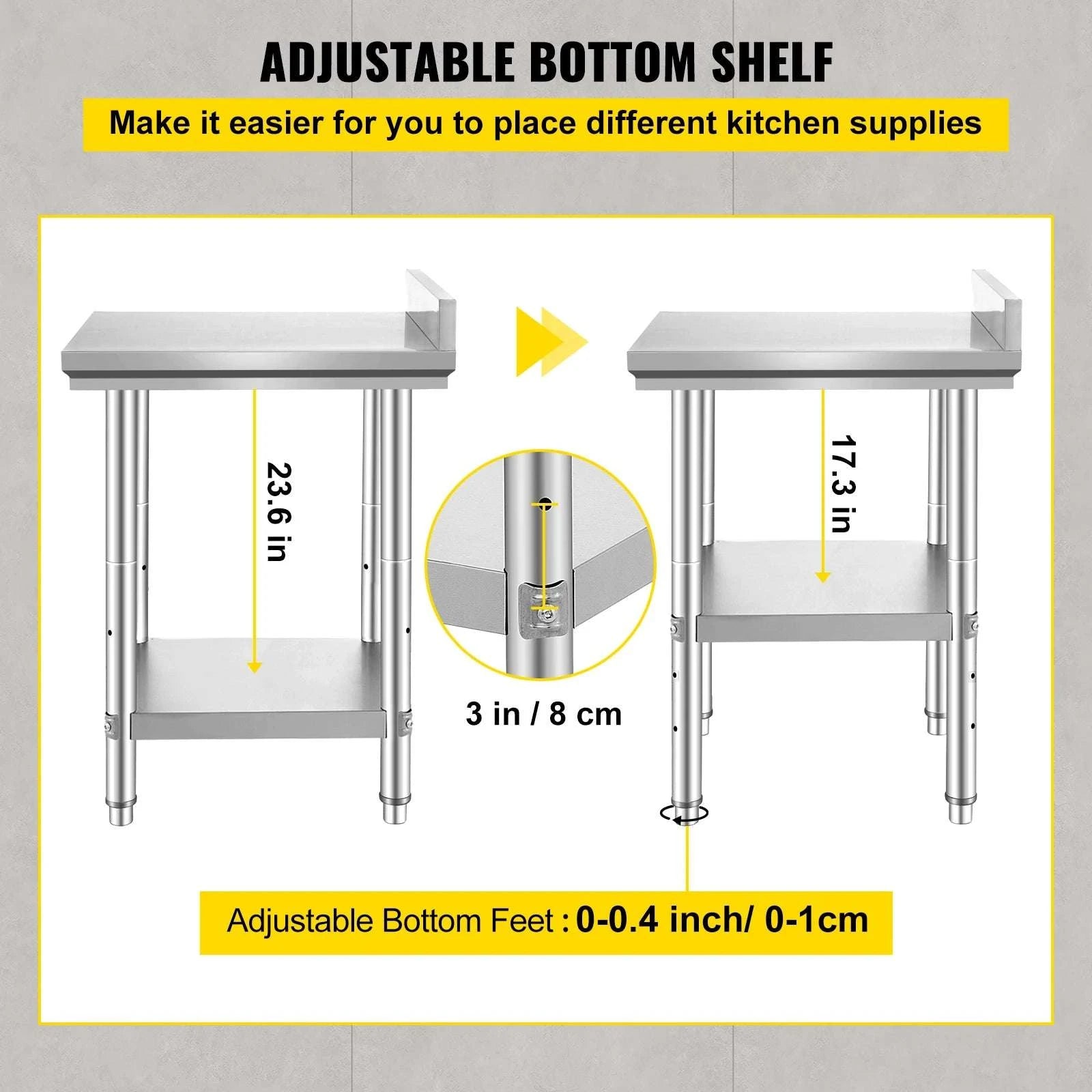 Stainless Steel Kitchen Work Table with Adjustable Shelf & Backsplash-24x24x32 inch 330LBS / United States
