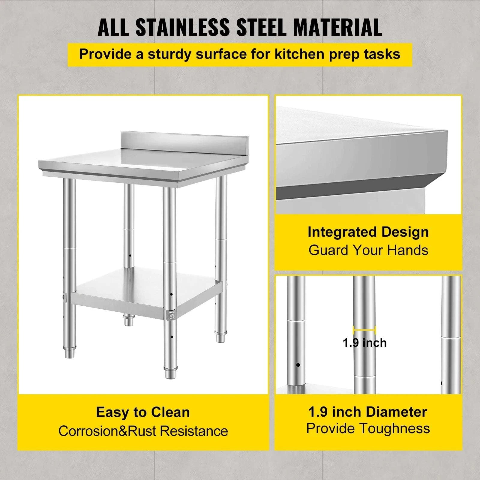 Stainless Steel Kitchen Work Table with Adjustable Shelf & Backsplash-24x24x32 inch 330LBS / United States
