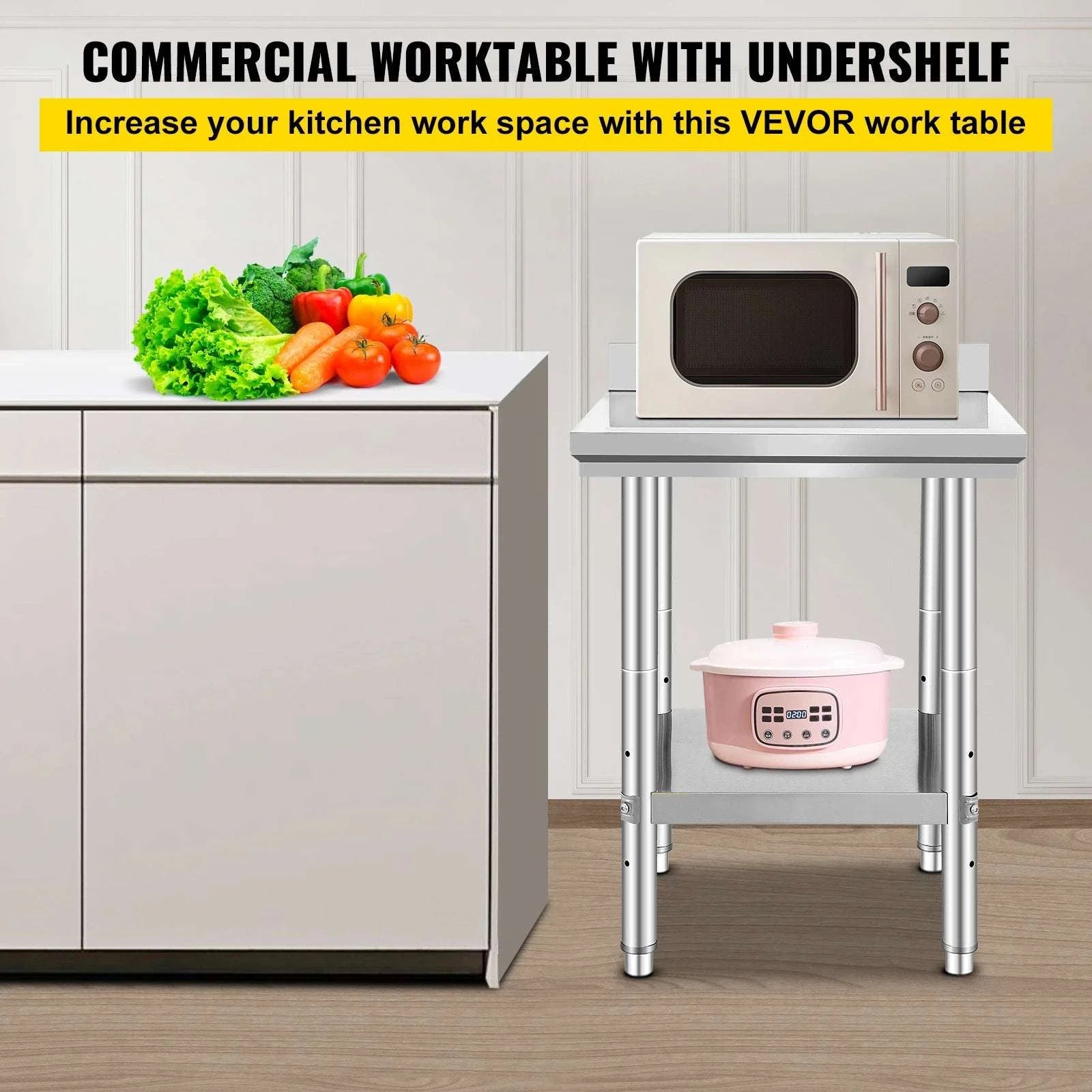 Stainless Steel Kitchen Work Table with Adjustable Shelf & Backsplash-24x24x32 inch 330LBS / United States