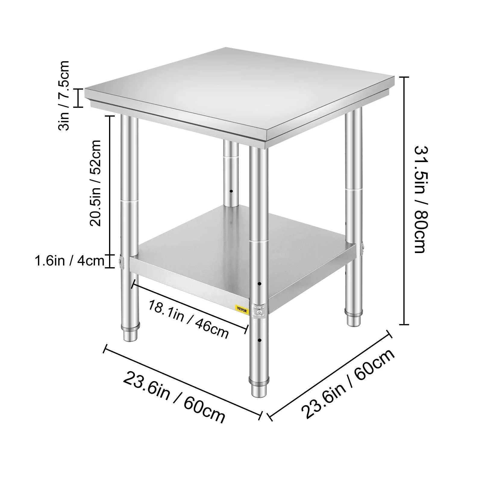 Stainless Steel Kitchen Work Table with Adjustable Shelf & Backsplash-24x24x32 inch 330LBS / United States