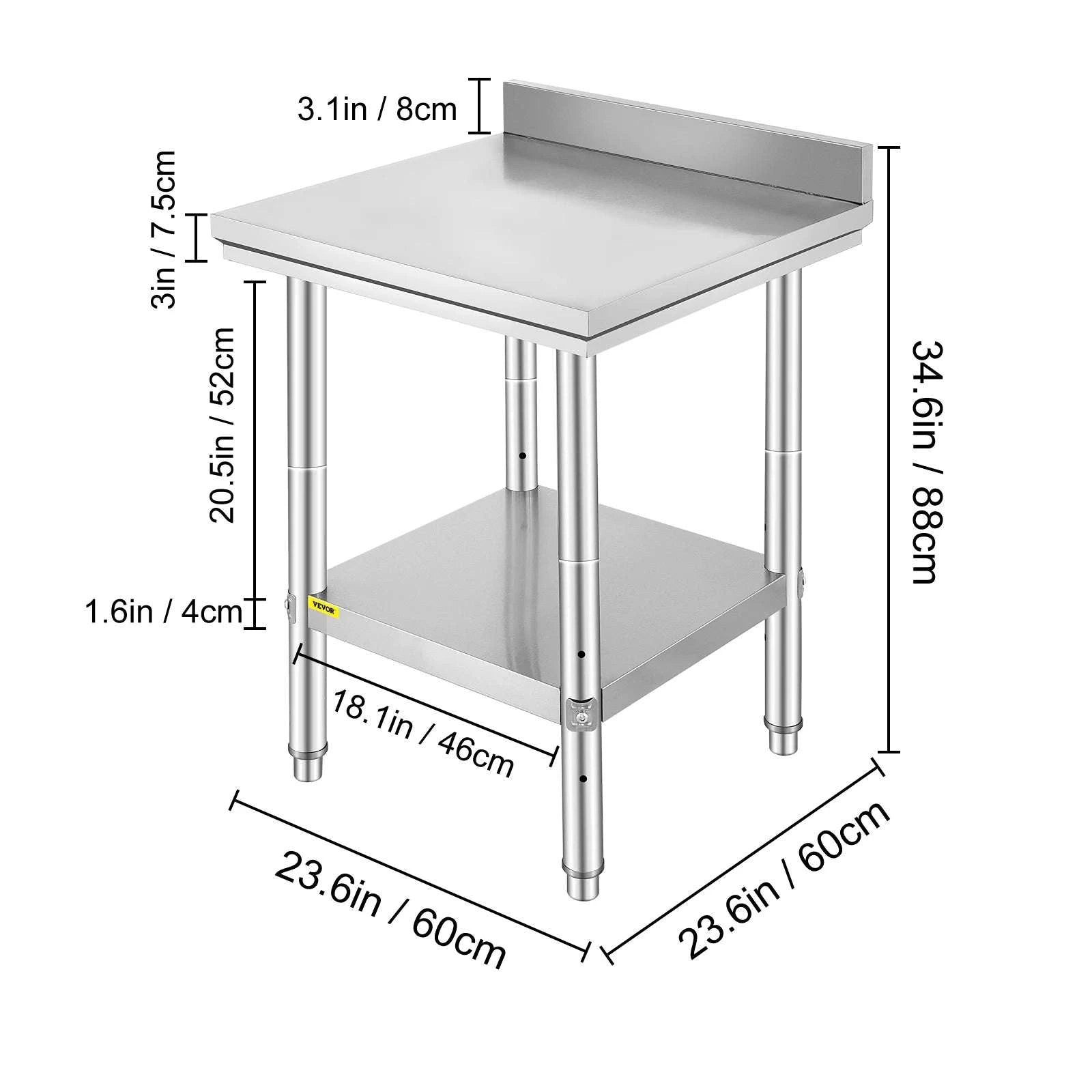 Stainless Steel Kitchen Work Table with Adjustable Shelf & Backsplash-24x24x32 inch 330LBS / United States