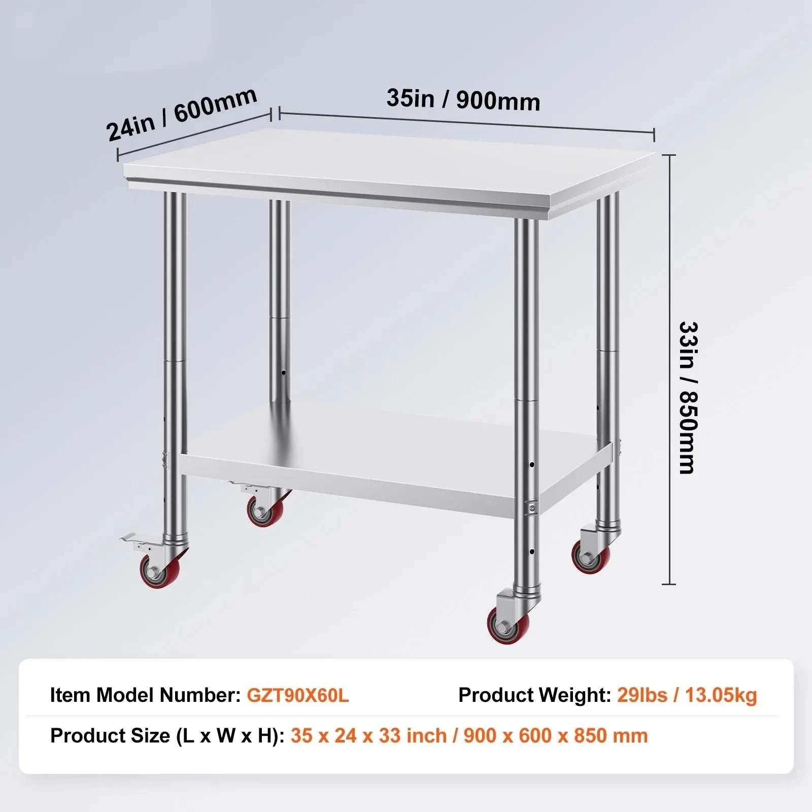 Stainless Steel Kitchen Work Table with Wheels & Adjustable Shelf-30 x 24 inch / United States