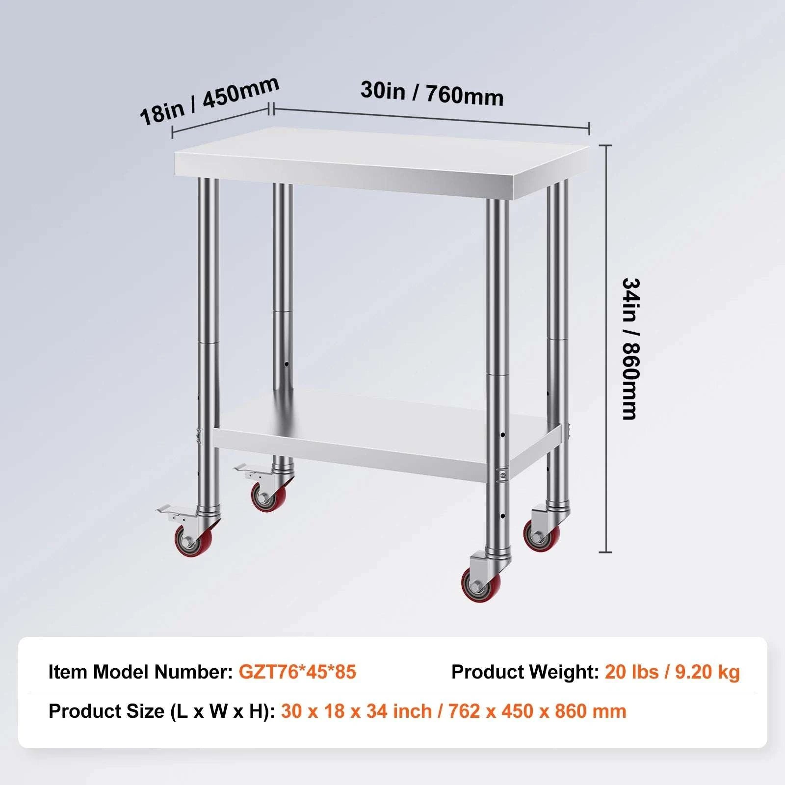 Stainless Steel Kitchen Work Table with Wheels & Adjustable Shelf-36 x 30 inch / GERMANY