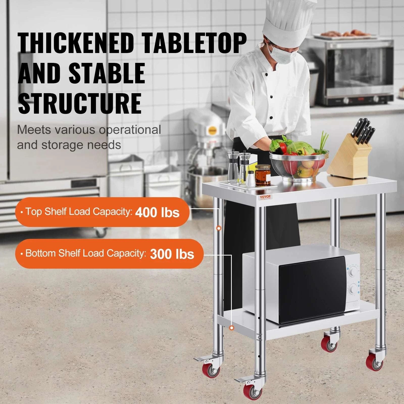 Stainless Steel Kitchen Work Table with Wheels & Adjustable Shelf-36 x 30 inch / GERMANY
