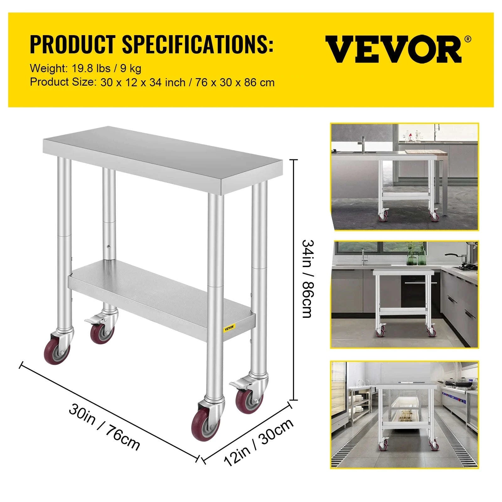 Stainless Steel Kitchen Worktable with Shelves and Caster Wheels-36 x 30 inch / spain