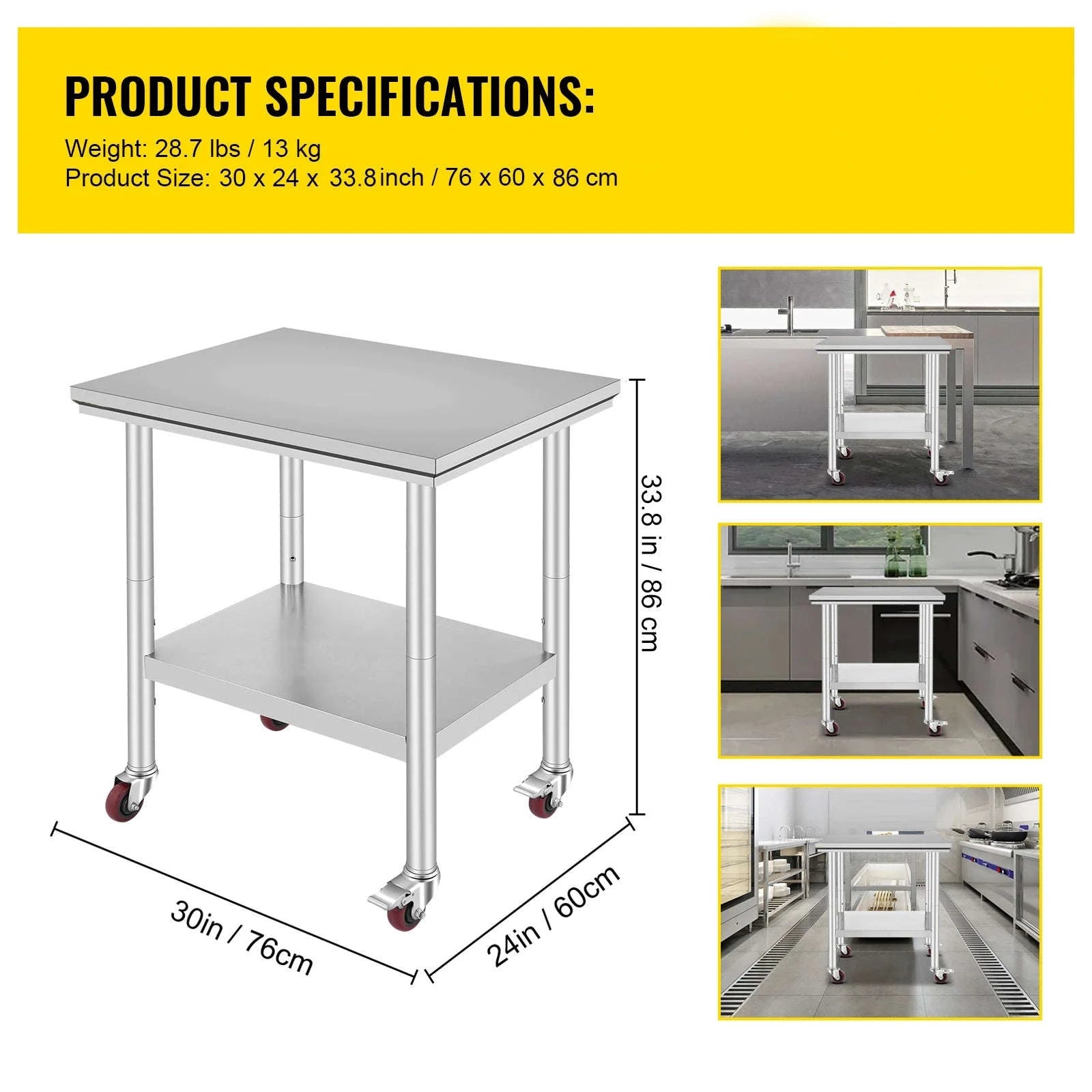 Stainless Steel Kitchen Worktable with Shelves and Caster Wheels-36 x 30 inch / spain