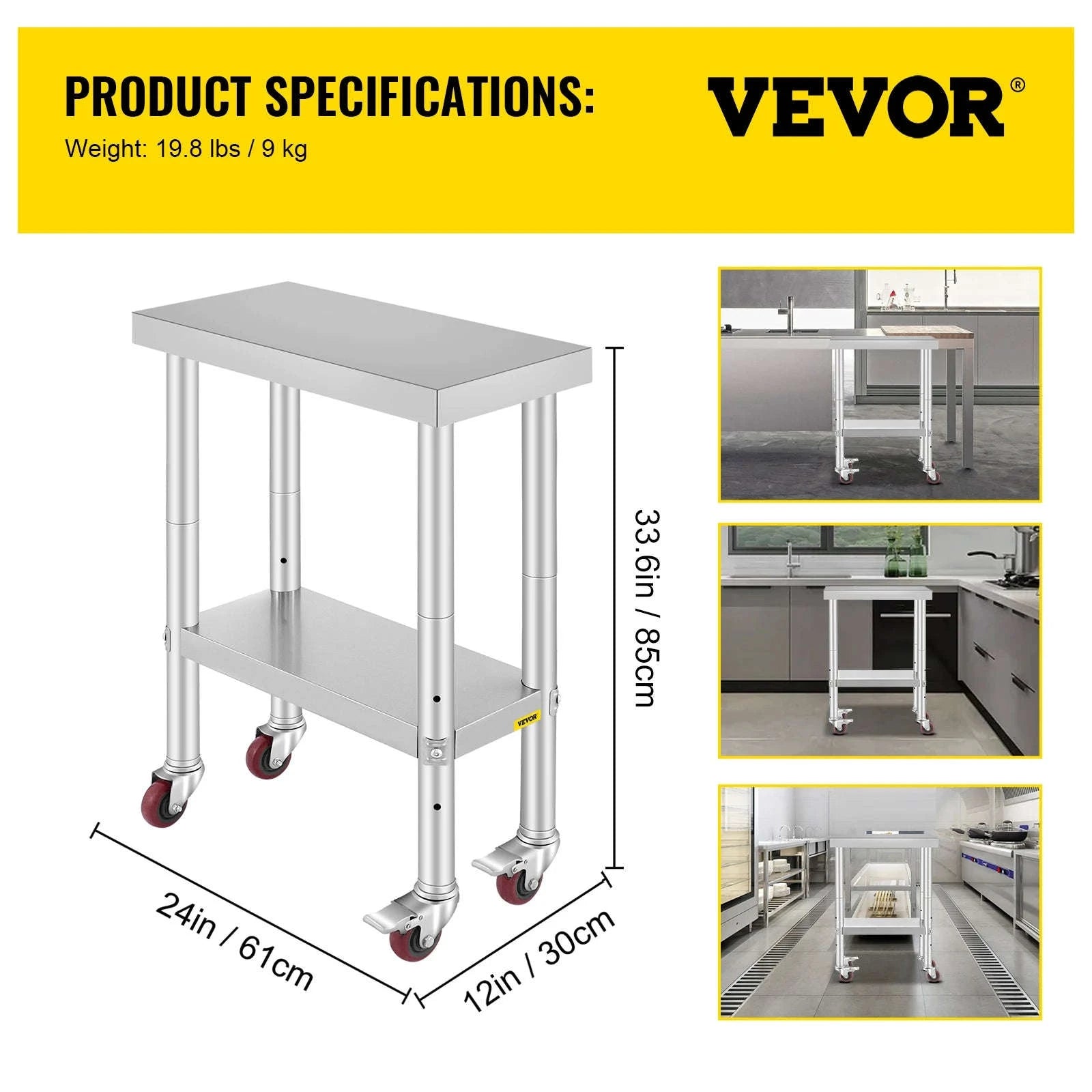 Stainless Steel Kitchen Worktable with Shelves and Caster Wheels-36 x 30 inch / spain