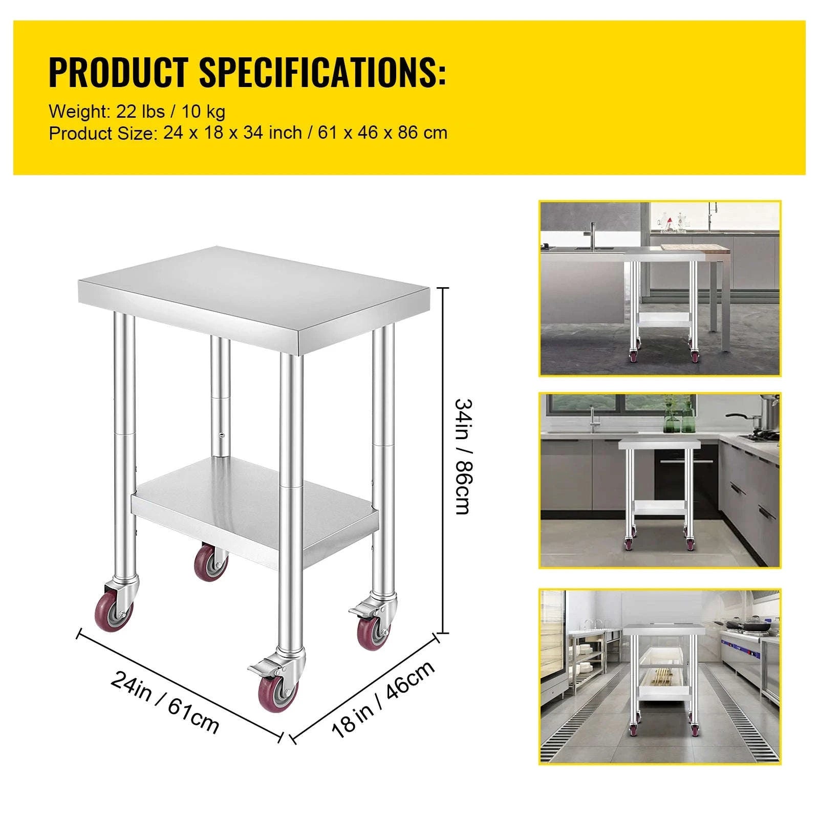 Stainless Steel Kitchen Worktable with Shelves and Caster Wheels-36 x 30 inch / spain
