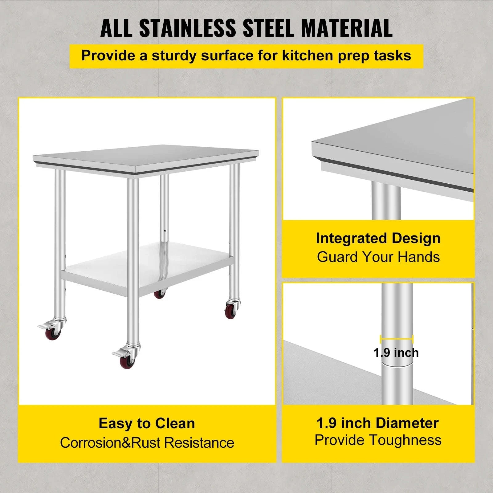 Stainless Steel Kitchen Worktable with Shelves and Caster Wheels-36 x 30 inch / spain