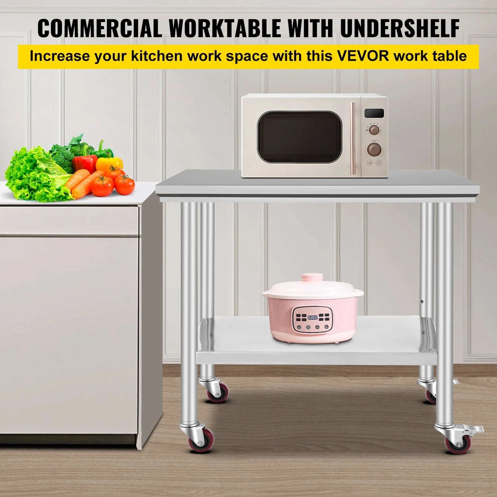 Stainless Steel Kitchen Worktable with Shelves and Caster Wheels-36 x 30 inch / spain