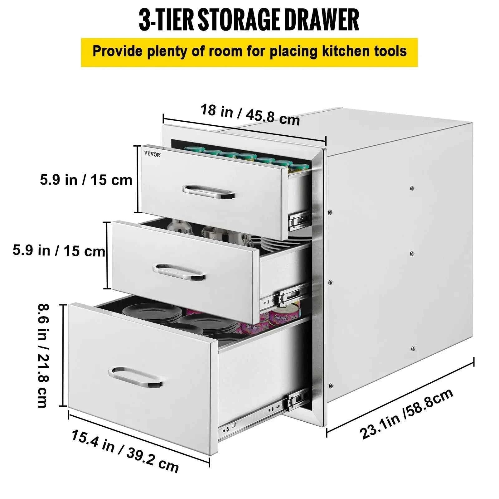 Stainless Steel Outdoor Kitchen Drawer with Handle, Triple Layer-Mexico