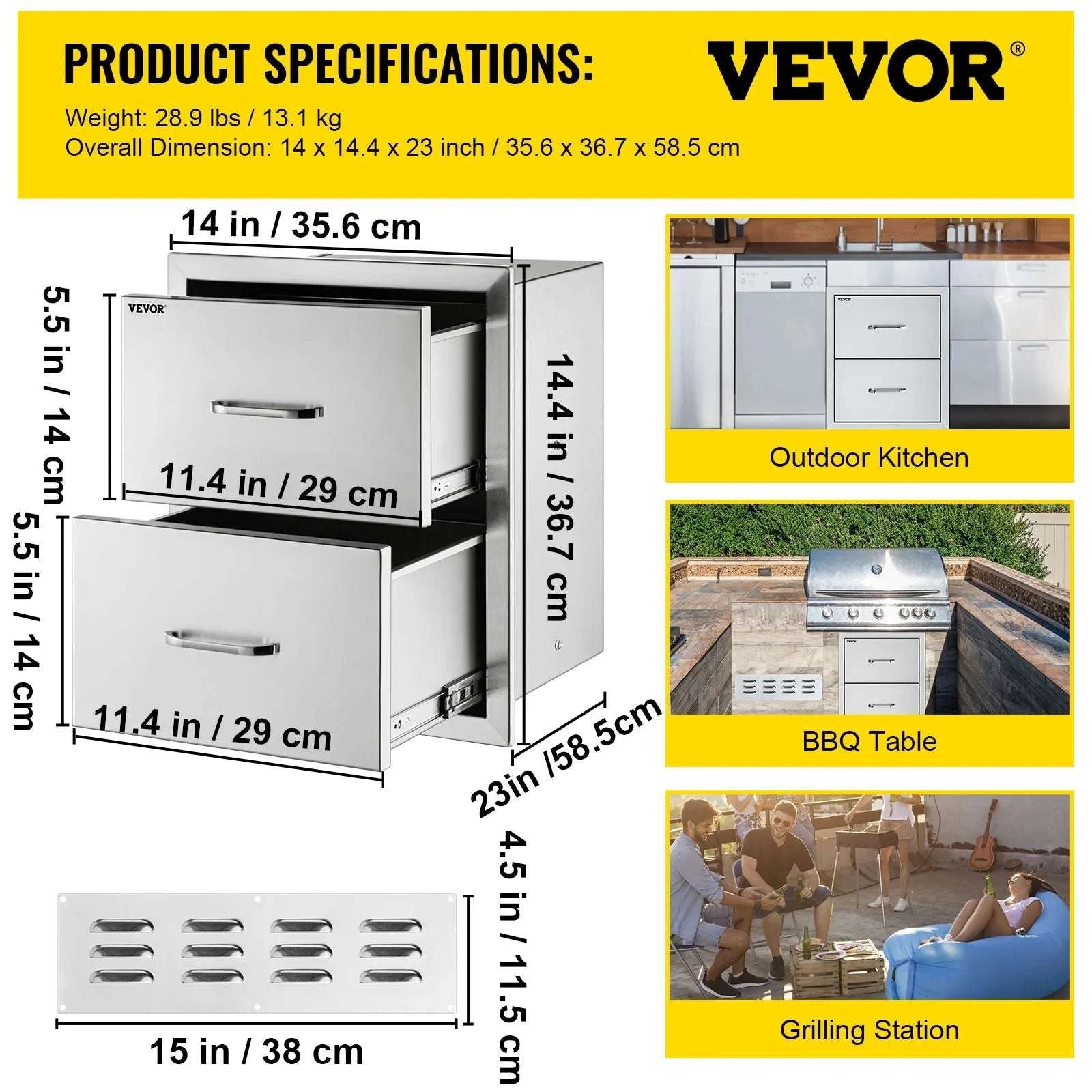 Stainless Steel Outdoor Kitchen Drawers Double Storage BBQ Island-14Wx 8.5H Single / United States