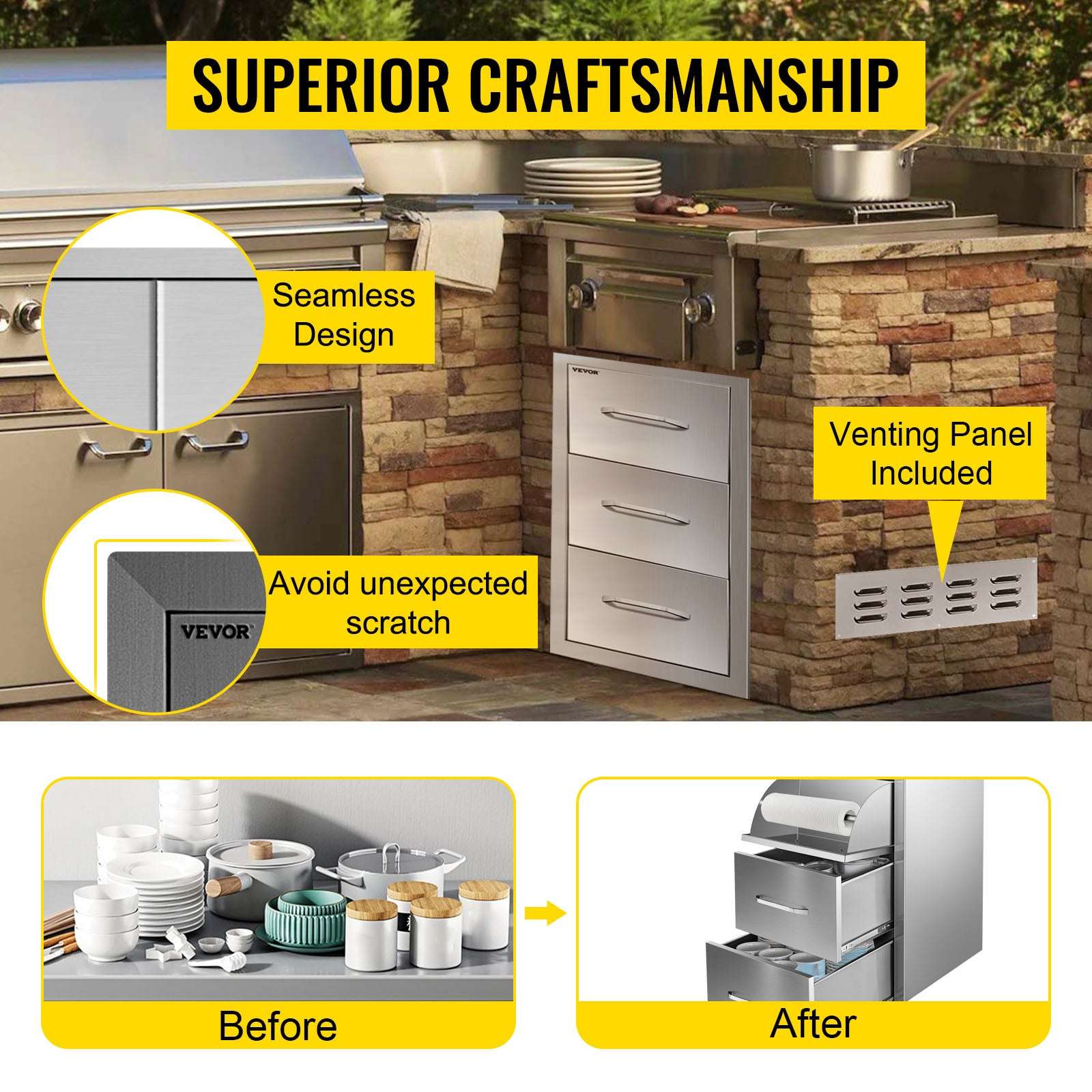 Stainless Steel Outdoor Kitchen Drawers Double Storage BBQ Island-14Wx 8.5H Single / United States