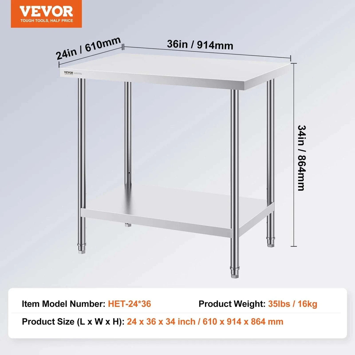 Stainless Steel Prep Table with Adjustable Shelf for Kitchen or Garage-24x18in / UNITED KINGDOM