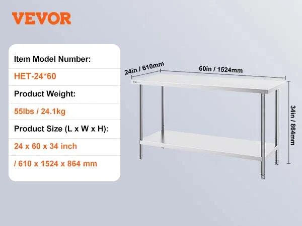 Stainless Steel Prep Table with Adjustable Shelf for Kitchen Use-24x60inch / UNITED KINGDOM