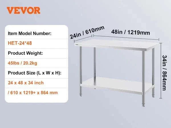 Stainless Steel Prep Table with Adjustable Shelf for Kitchen Use-24x60inch / UNITED KINGDOM