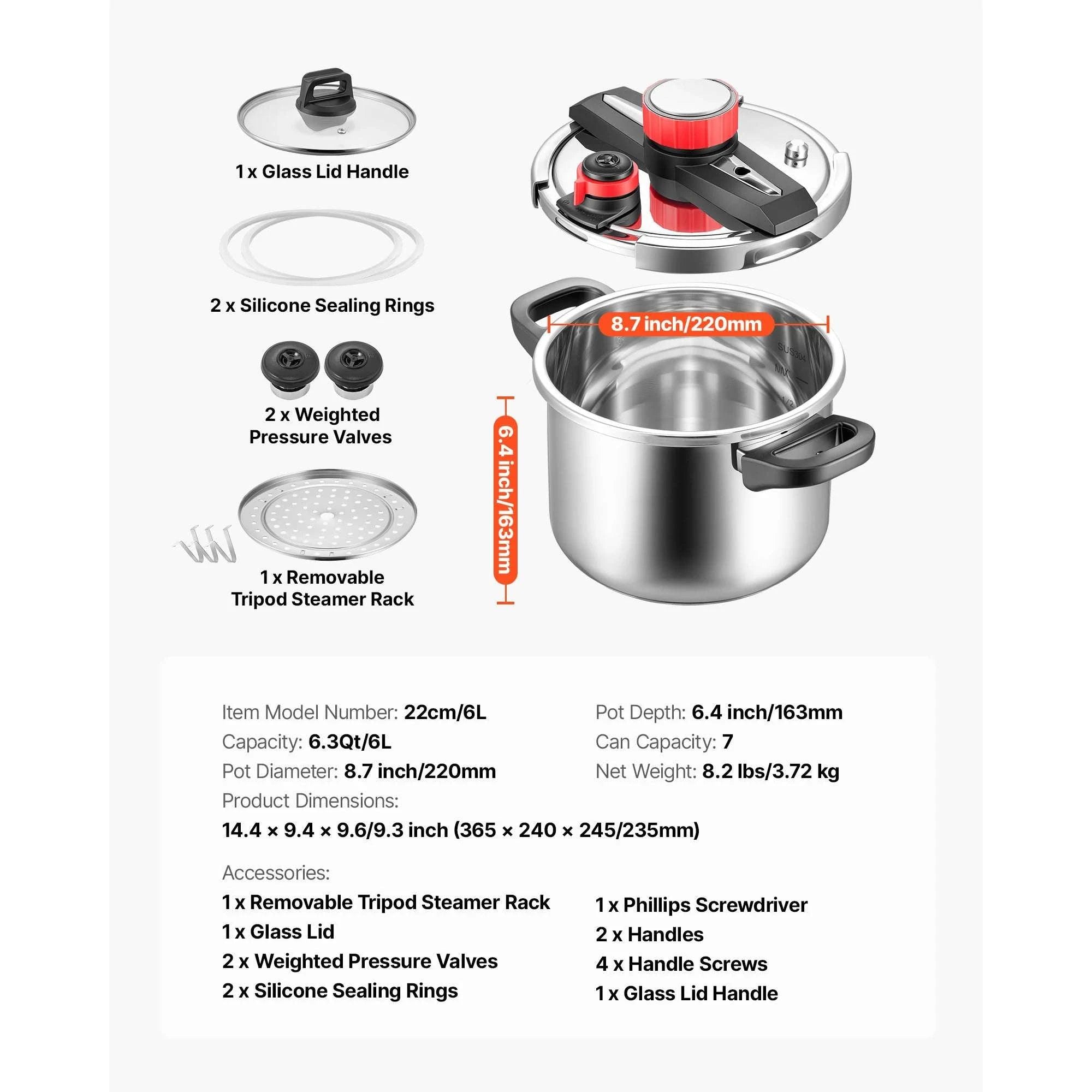 Stainless Steel Pressure Cooker 6.3–12 Qt with 3 Pressure Settings-12QT / United States