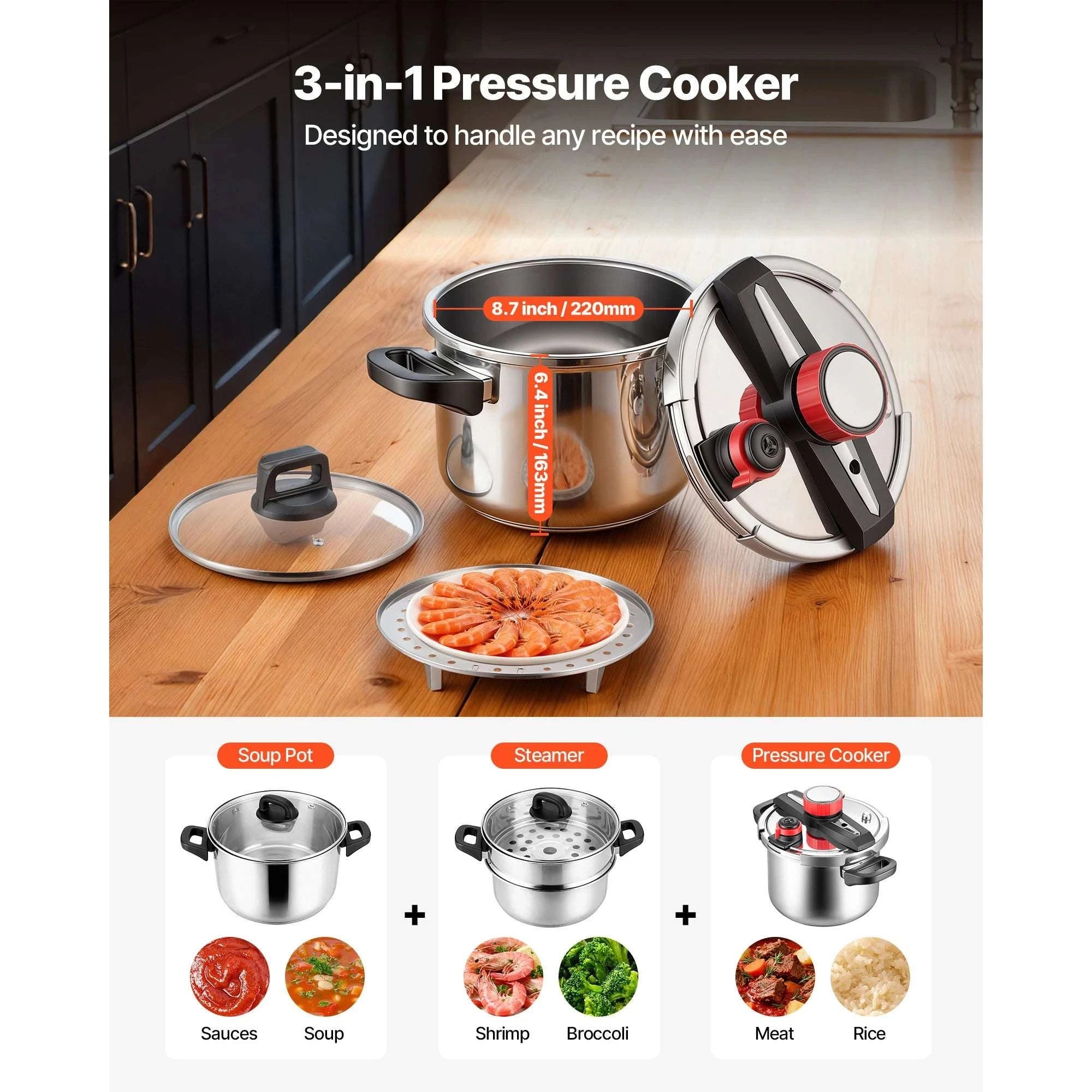 Stainless Steel Pressure Cooker 6.3–12 Qt with 3 Pressure Settings-12QT / United States
