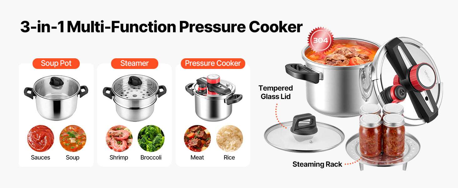 Stainless Steel Pressure Cooker 6.3–12Qt with 3 Pressure Levels-10QT / United States