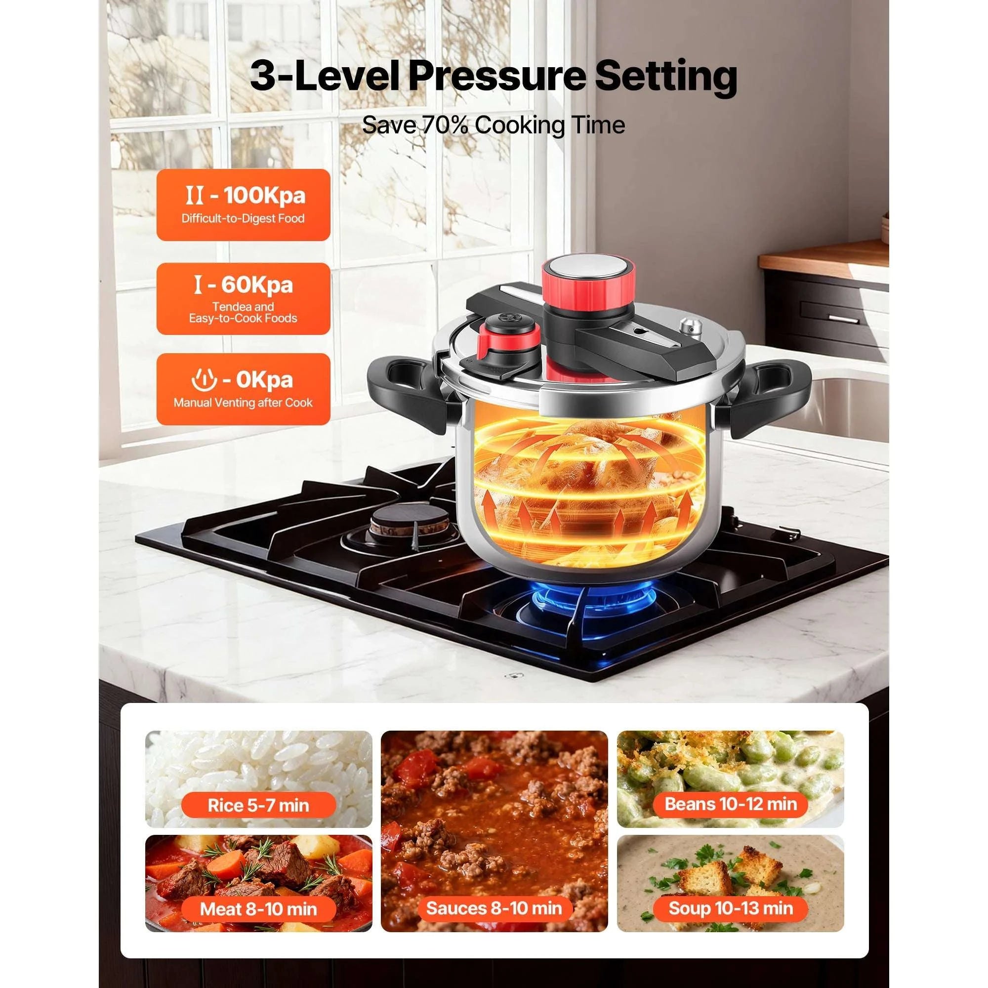 Stainless Steel Pressure Cooker 6.3–12Qt with 3 Pressure Levels-10QT / United States