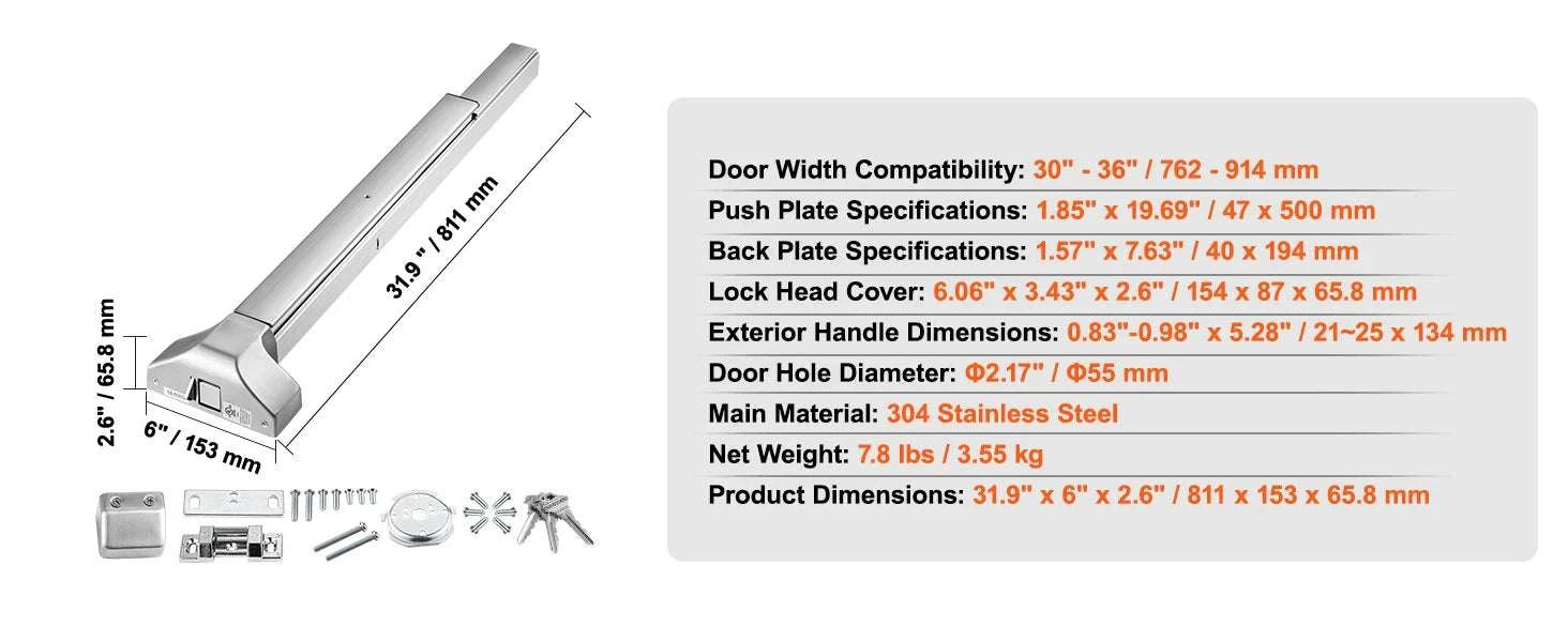 Stainless Steel Push Bar Panic Exit Device with Exterior Lever-27.5in 698mm / france