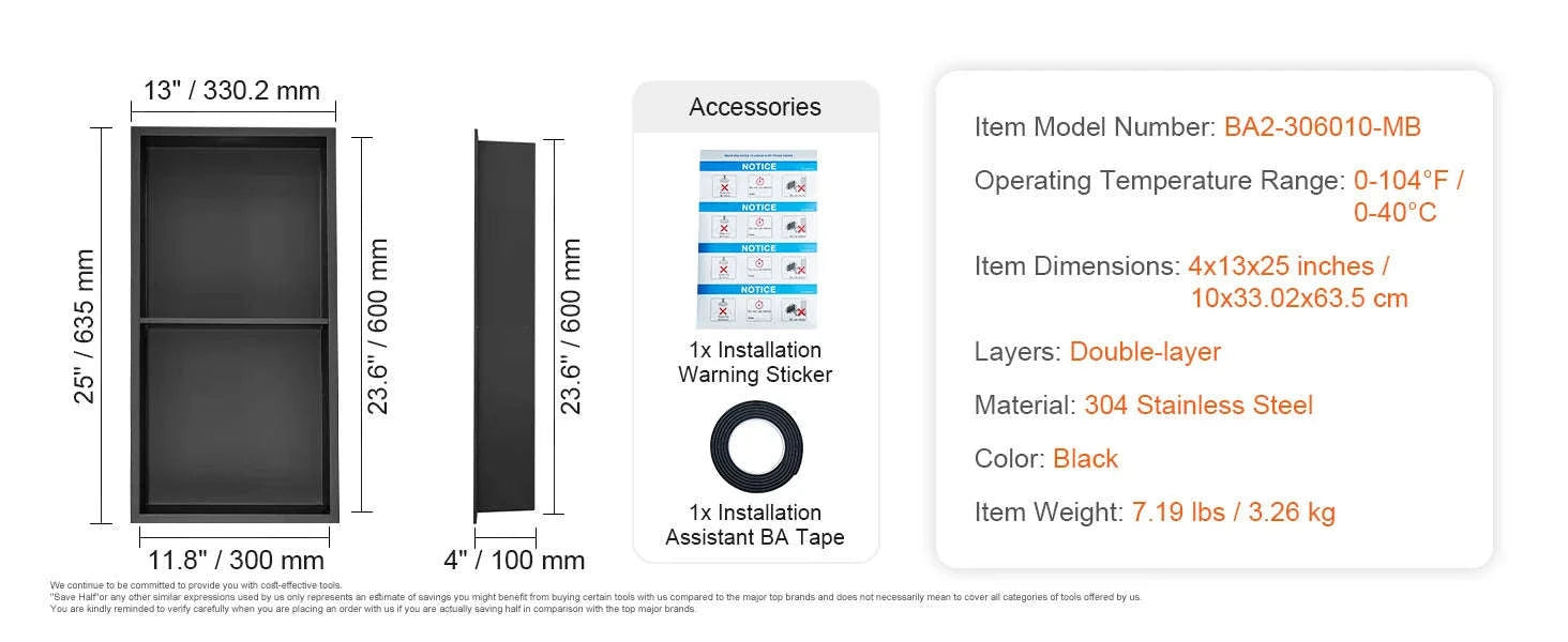 Stainless Steel Shower Niche with Double Shelves-13x25in / Poland