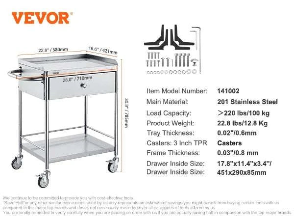 Stainless Steel Utility Cart with Lockable Wheels for Clinic Kitchen-1 layer / spain