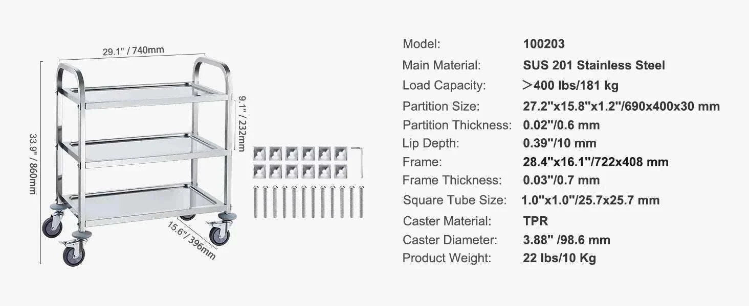 Stainless Steel Utility Cart with Lockable Wheels for Clinic Kitchen-3 Layers / CZECH REPUBLIC