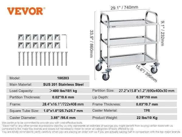 Stainless Steel Utility Cart with Lockable Wheels for Clinic Kitchen-3 Layers / CZECH REPUBLIC