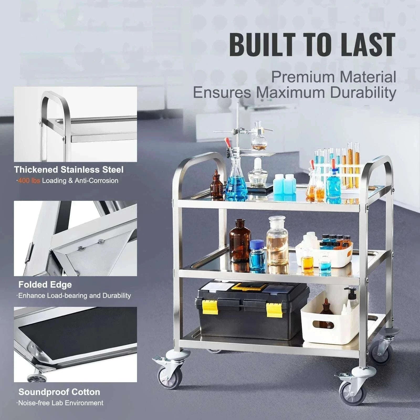 Stainless Steel Utility Cart with Lockable Wheels for Clinic Kitchen-3 Layers / CZECH REPUBLIC
