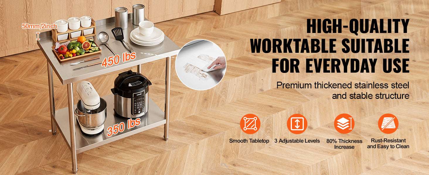 Stainless Steel Work Table 24x36 Adjustable Shelf Food Prep Station-24x36 in / United States