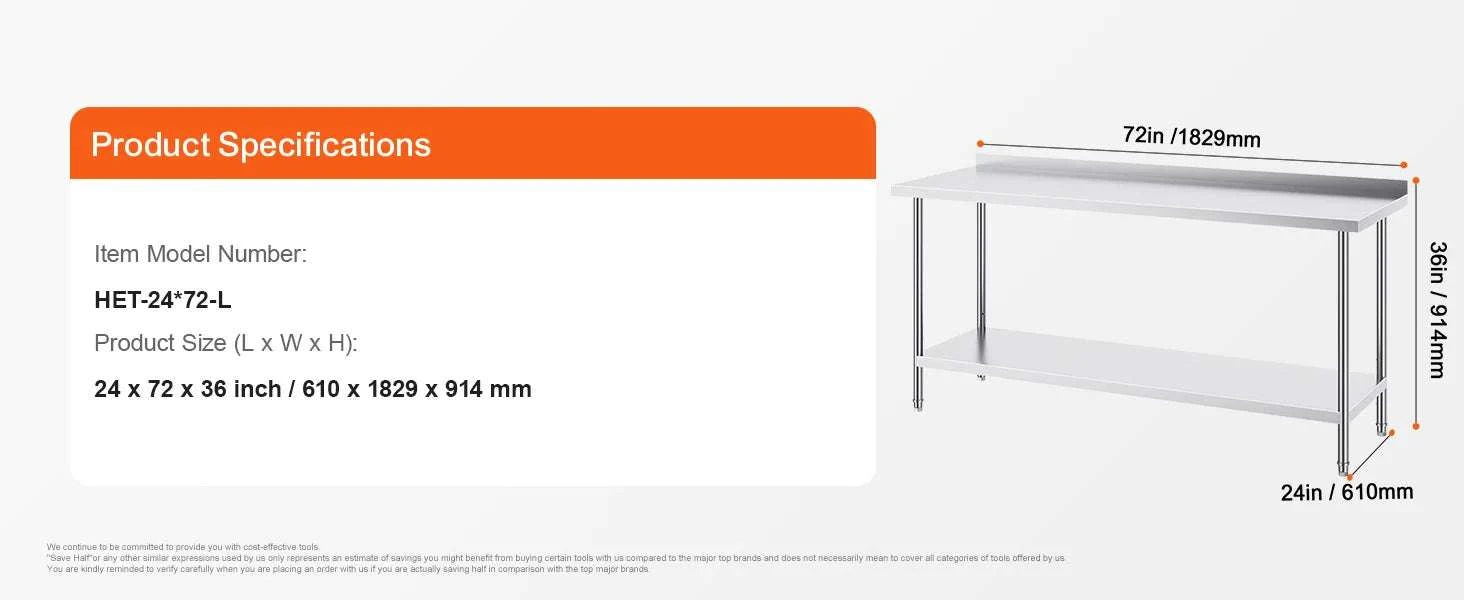 Stainless Steel Work Table 24x72 Inch Heavy-Duty Prep Station-24x72in / spain